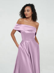 One Shoulder Satin Long Dresses with Pockets-Wisteria