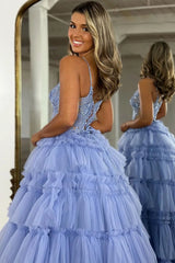 Wholesale Princess Glitter A-Line Spaghetti Straps Long Tiered Prom Dress prom dresses with long sleeves