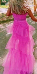 Aimishang Dress Wholesale Hot Pink Layered Ruffles Evening Gown A Line Tulle Long Prom Dress