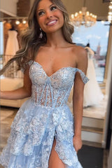 Princess Lace Tiered Blue Prom Dress With Lace Ruffles TP1288