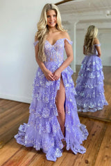 Princess Lace Tiered Blue Prom Dress With Lace Ruffles TP1288