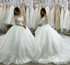 Princess Long Sleeves Off the Shoulder Lace Ball Gown Wedding Dresses