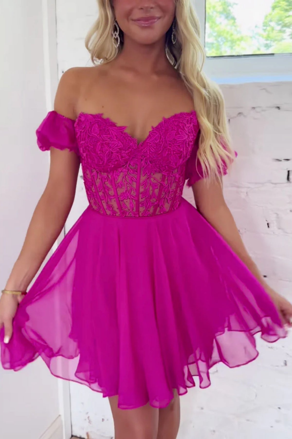 Princess Off the Shoulder Fuchsia Lace Prom Dress, Off Shoulder Fuchsia Homecoming Dress, Fuchsia Lace Formal Graduation Evening Dress A1911
