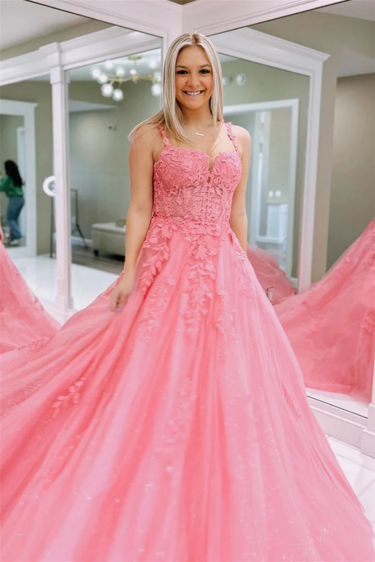 Princess Pink Lace Long Prom Dress, Pink Lace Formal Dress, Pink Tulle Evening Dress A1981