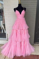 Princess Pink Tiered Layers Tulle Long Prom Dress Formal Gown TP1153