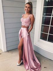 Princess Satin Two Piece Pink Prom Dresses Sleeveless Square
