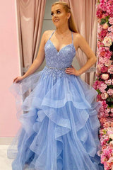 Princess Sky Blue Tiered Tulle Prom Dresss Evening Dress with Appliques TP1016
