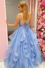 Princess Sky Blue Tiered Tulle Prom Dresss Evening Dress with Appliques TP1016