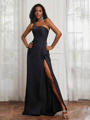 One Shoulder Ruched Sleeveless Dress With Slit Dark Navy