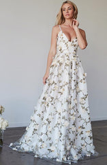 Prom Dress Sleeveless V-Neck Spaghetti Strap Satin Lace A-Line Floor Length With Flowers