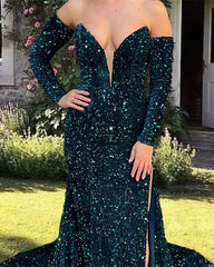 Mermaid Dark Green Split Sequined Dress With Sleeves