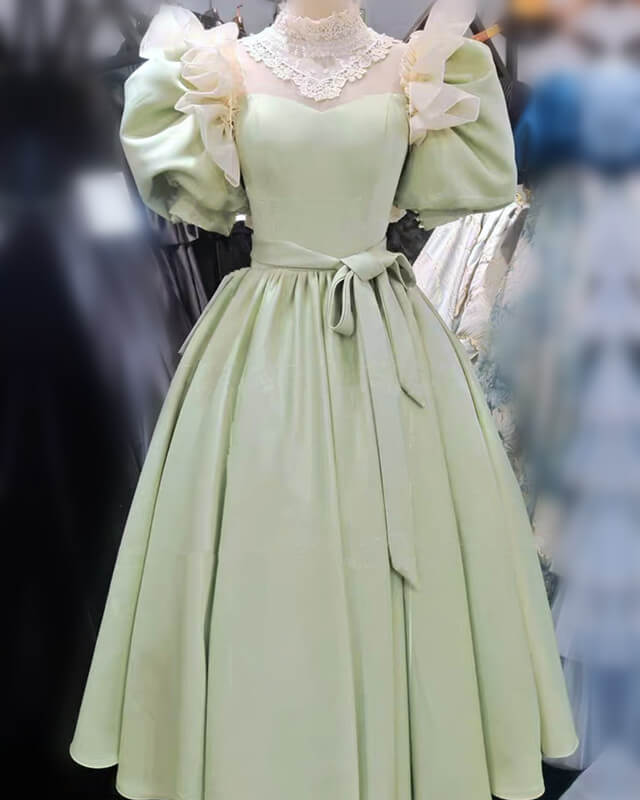 80s Style Puffy Sleeve Lace High Neck Midi Dress