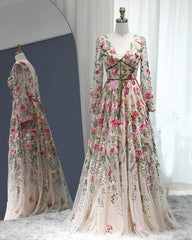 Fairycore Style V-neck Long Sleeve Embroidery Dress