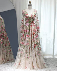 Fairycore Style V-neck Long Sleeve Embroidery Dress