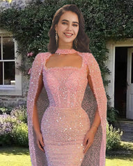 Mermaid Pink Sparkly Dress With Cape