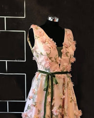 Long Pink 3D Flowers V-neck Dress