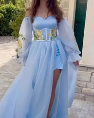 Blue Tulle Strapless Embroidery Dress With Puffy Sleeves