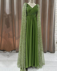 Green Tulle V-neck Dress With Beaded Cape