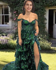 Emerald Green Layered Lace Prom Dress