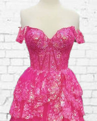 Hot Pink Lace Off Shoulder Tiered Prom Dress With Slit