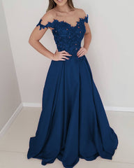 Lace Embroidery Satin Prom Dresses Off Shoulder