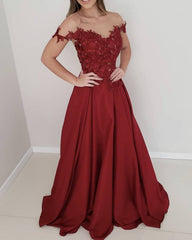 Lace Embroidery Satin Prom Dresses Off Shoulder