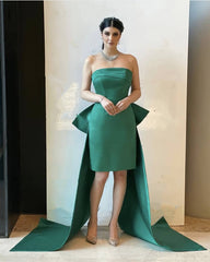 Green Strapless Satin Sheath Dress With Bow Back