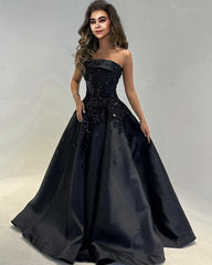 Strapless Satin Ball Gown With 3D Flowers