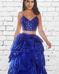 Two Piece Sequin Lace Ruffles Prom Dress