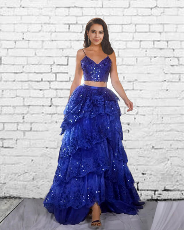 Two Piece Sequin Lace Ruffles Prom Dress