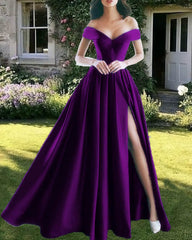 Charming V-neck Off The Shoulder Prom Dresses Long Satin Evening Gowns