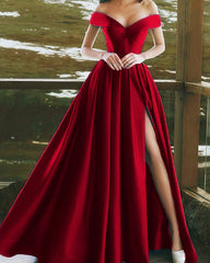 Charming V-neck Off The Shoulder Prom Dresses Long Satin Evening Gowns