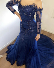 Tulle Backless Long Sleeves Mermaid Dresses Appliques