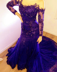 Tulle Backless Long Sleeves Mermaid Dresses Appliques