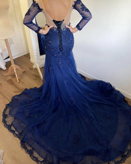 Tulle Backless Long Sleeves Mermaid Dresses Appliques