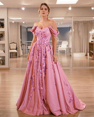 Tulle And Satin Off Shoulder Prom Dresses Flowers Embroidery