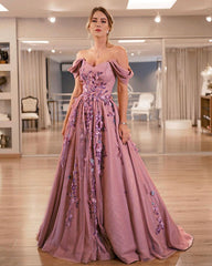 Tulle And Satin Off Shoulder Prom Dresses Flowers Embroidery