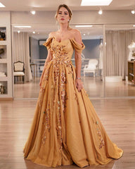 Tulle And Satin Off Shoulder Prom Dresses Flowers Embroidery