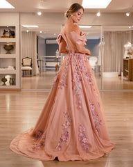 Tulle And Satin Off Shoulder Prom Dresses Flowers Embroidery