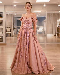 Tulle And Satin Off Shoulder Prom Dresses Flowers Embroidery
