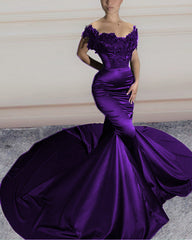 Mermaid Satin Prom Dresses Lace Off The Shoulder Sweep Train