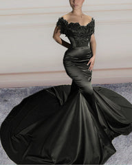 Mermaid Satin Prom Dresses Lace Off The Shoulder Sweep Train