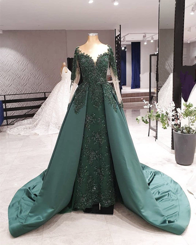 Long Sleeves Mermaid Prom Dresses Sweep Train Lace Beaded