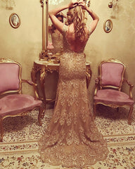 Lace Mermaid Prom Dresses V Neck Open Back Leg Slit