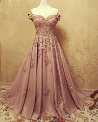 A-line /Princess Prom Dresses Tulle Off The Shoulder Lace Embroidery