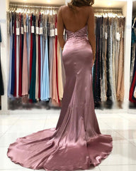Sexy Mermaid V Neck Split Satin Prom Dresses