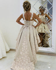 High Low Prom Dresses 3D Flowers Sweetheart Spaghetti Straps