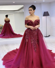 Mermaid Off The Shoulder Prom Dresses Tulle Embroidery Court Train