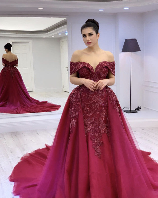 Mermaid Off The Shoulder Prom Dresses Tulle Embroidery Court Train