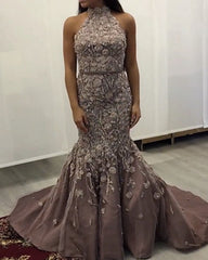 Lace Embroidery Mermaid Prom Dresses Halter Evening Gown